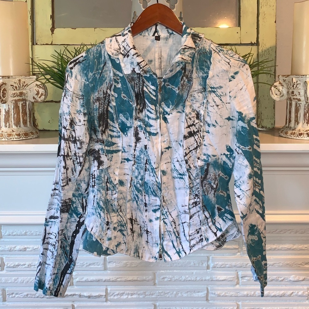 INIZIO 100% Linen Paint Splatter Peplum Hem Zip Front Casual Jacket Size Small